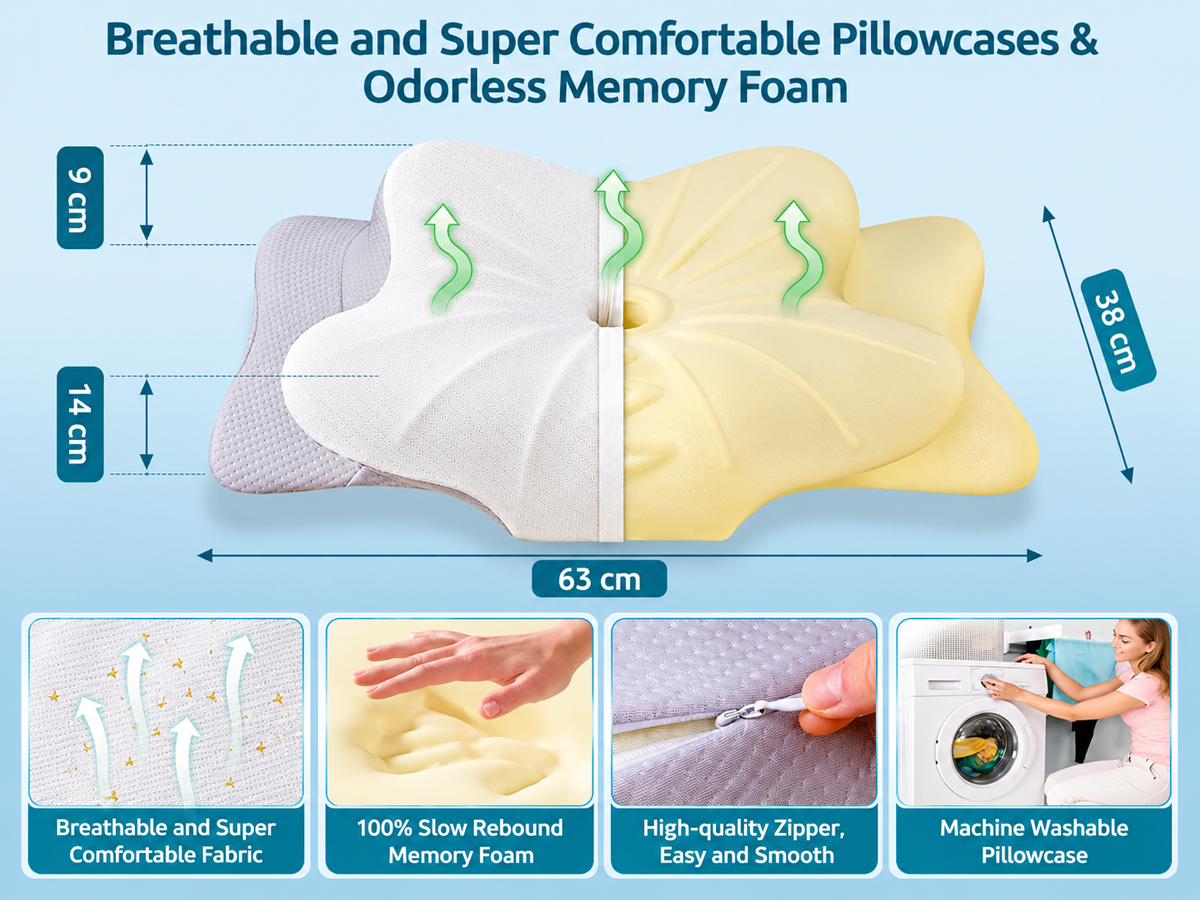Cervical Neck Pillow 2 in 1 Cooling Memory Foam Ergonomic