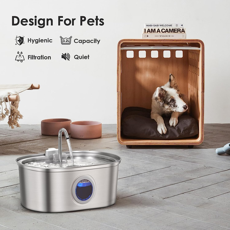 Stainless Steel Cat Water Fountain - 3.2L Water Dispenser with Dual Filter System