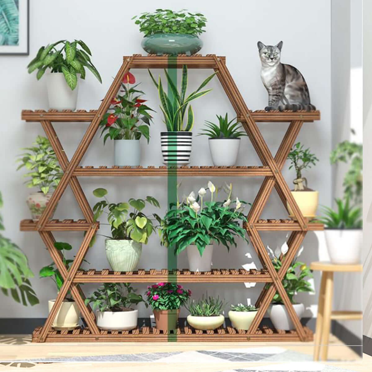 6-Tier 15 Pots Wooden Plant Flower Display Stand Wood Shelf Storage Rack Holder Succulents Planter for Garden Patio Balcony