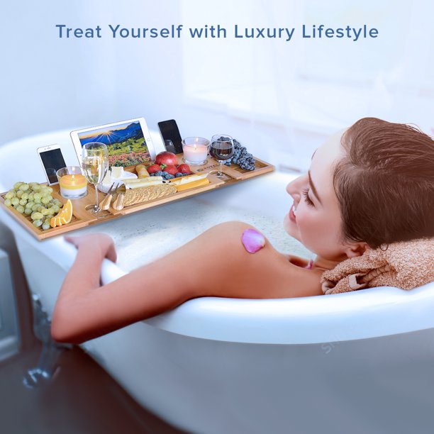 Craft Wood Natural Bamboo Bathtub Caddy - Luxury Bath Serving Tray for 2