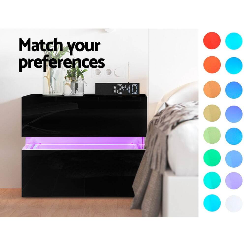 LED Bedside Table - Modern High Gloss Bedside Table with RGB Lighting