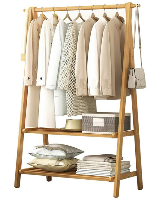 Floor-Standing Clothing Display Rack – Wooden 3-Layer Coat Rack with Modern Minimalist Design