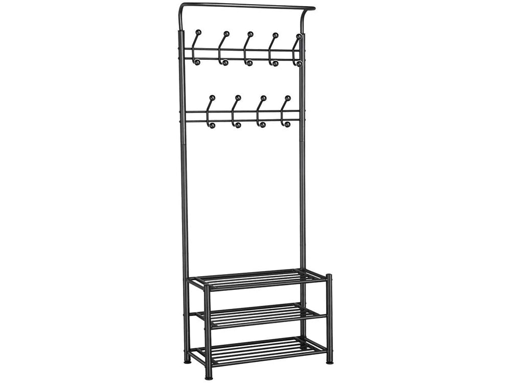 Metal Entryway 18 Hooks Coat Rack with 3-Tier Shoe Rack Bench - Black
