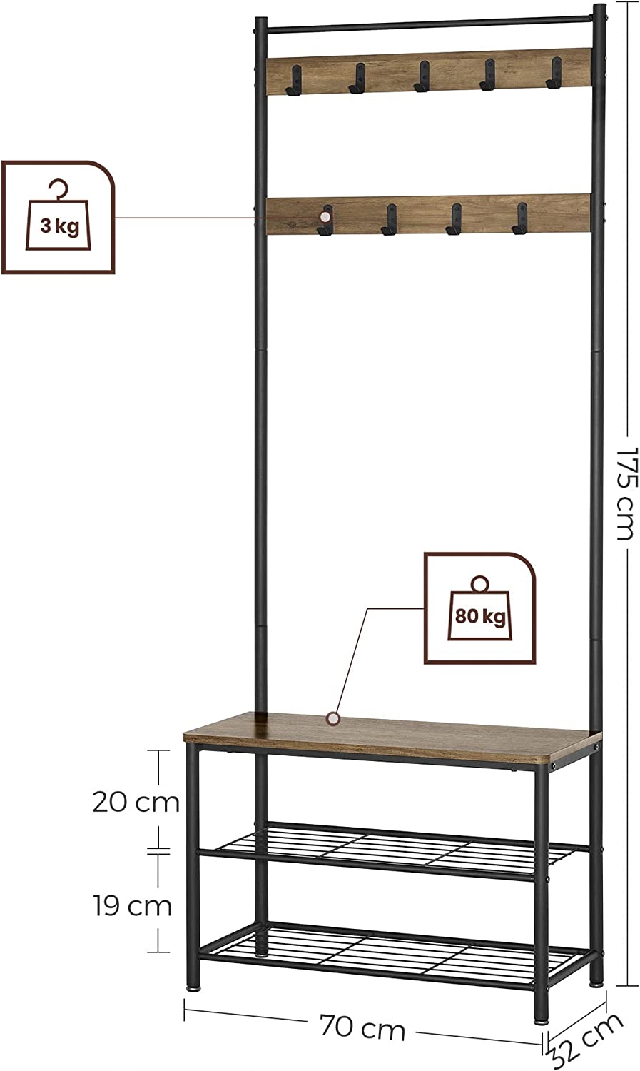 Wooden Coat Rack with Shelves Hooks by VASAGLE