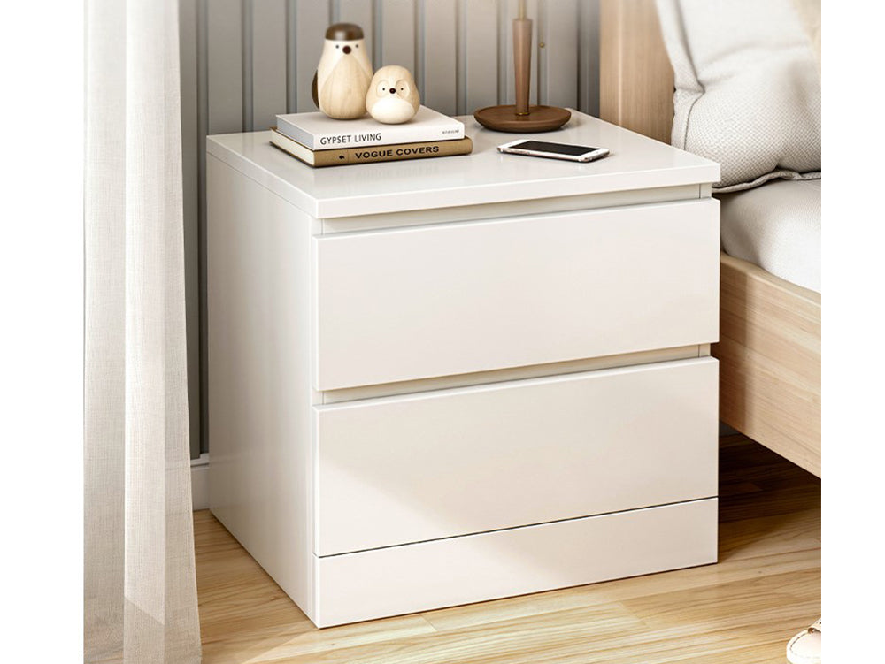 Bedside Table White– Minimalist Bedside Table with 2 Drawers for Small Spaces (45cm)