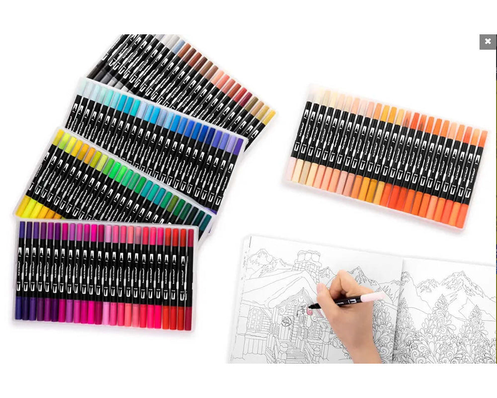 Dual Tip Markers 120 Piece Set - Brush Fine Tip Colouring Marker Pens