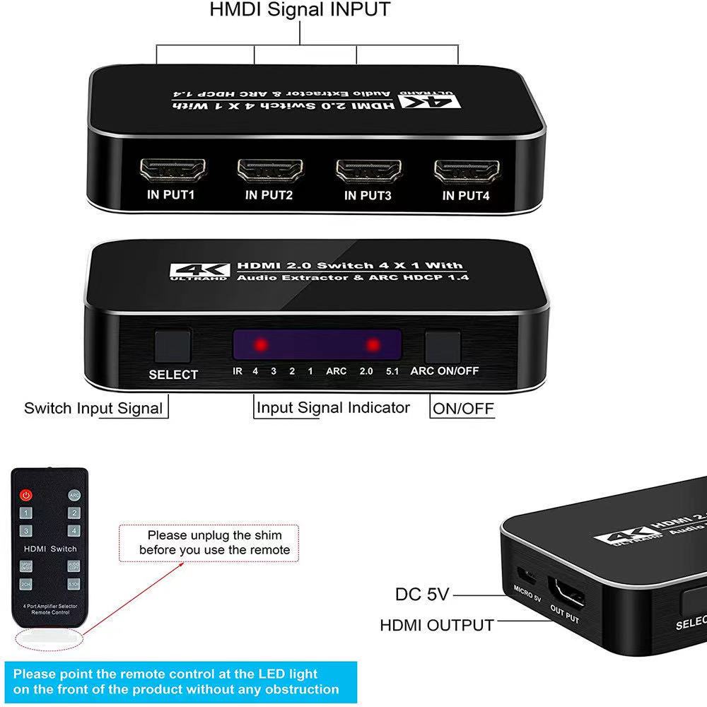 HDMI Switch 4x1 with Audio Extractor – 4K@60Hz HDMI Switch with ARC, TOSLINK & Remote Control
