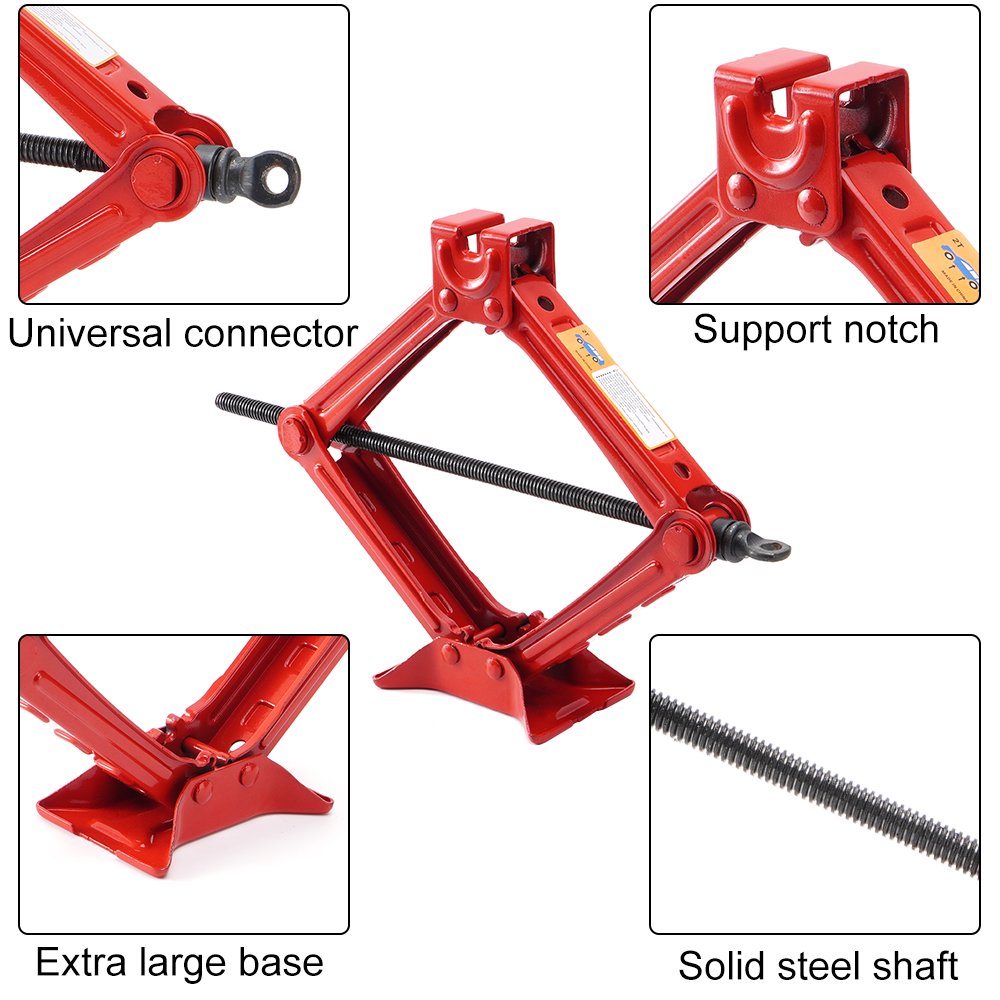 Car Jack Heavy Duty – 2 Ton Scissor Jack for Auto Tire Change Red Steel
