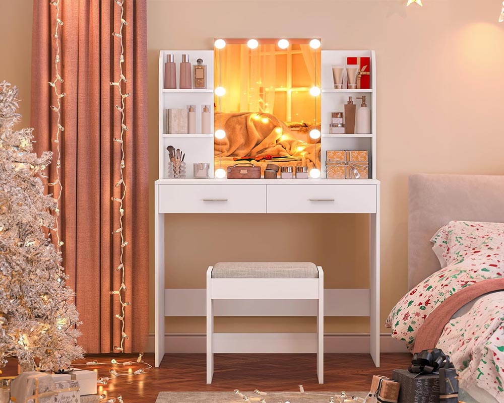 CURA Vanity Dressing Table with HD Mirror, Hollywood Lights & Charging Station