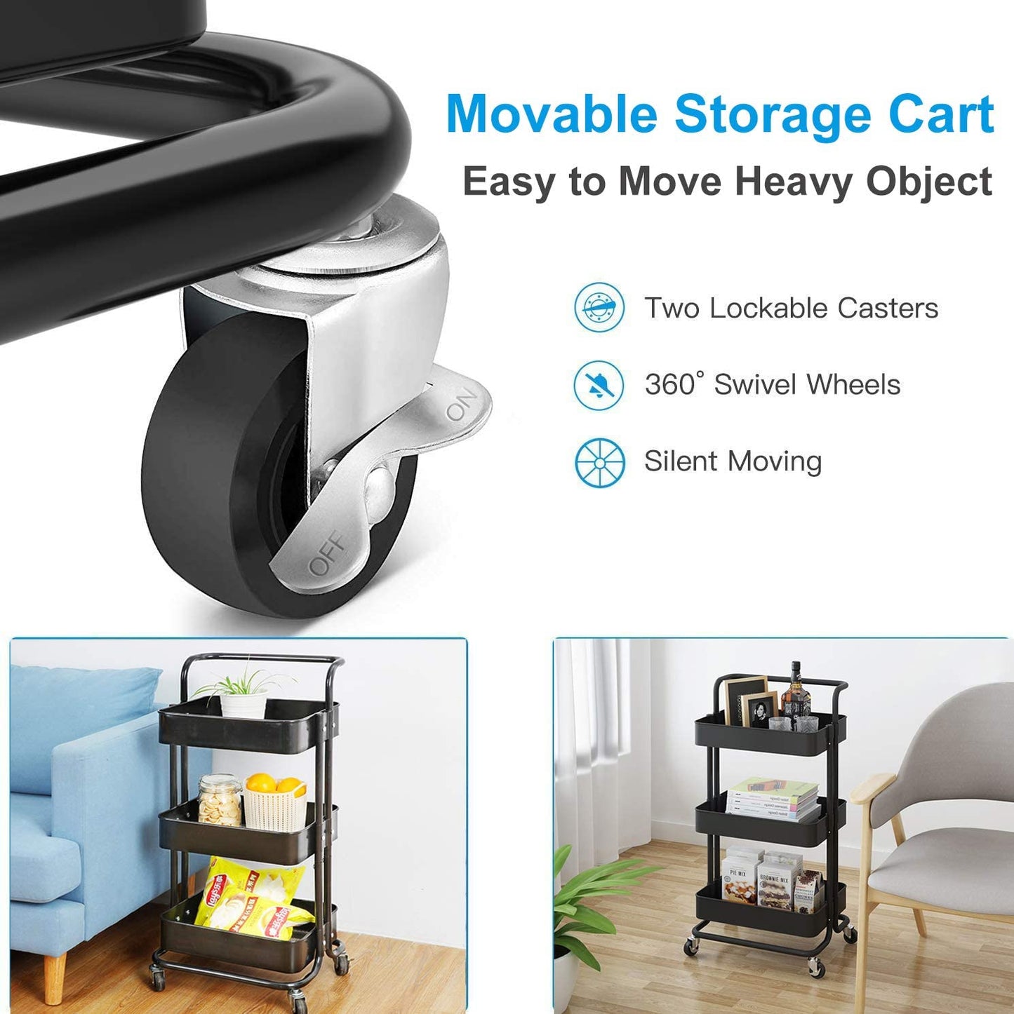 Storage Trolley Cart – Multi-Purpose Rolling Organizer Cart with Casters for Bathroom, Kitchen, Office, and More (Black, 3-Tier)