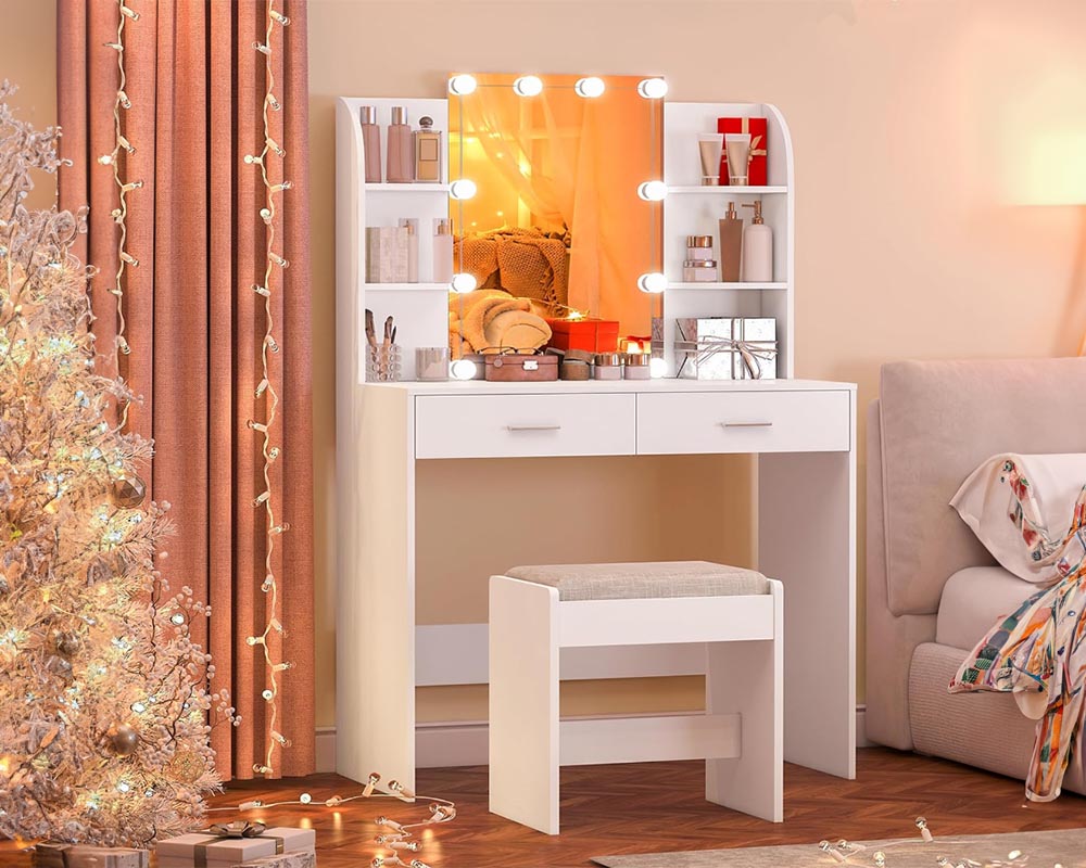 CURA Vanity Dressing Table with HD Mirror, Hollywood Lights & Charging Station
