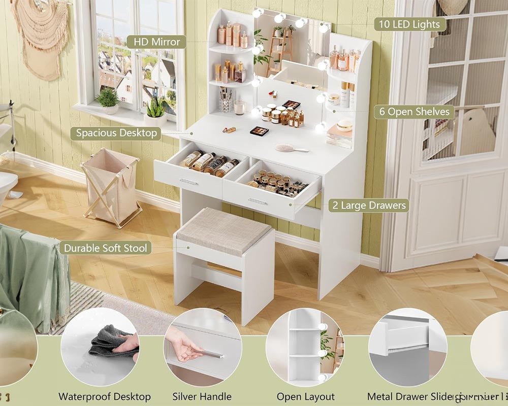 CURA Vanity Dressing Table with HD Mirror, Hollywood Lights & Charging Station