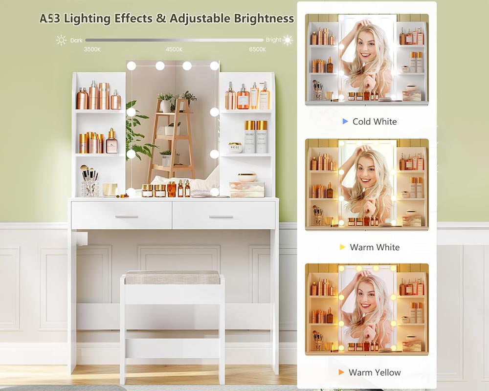 CURA Vanity Dressing Table with HD Mirror, Hollywood Lights & Charging Station