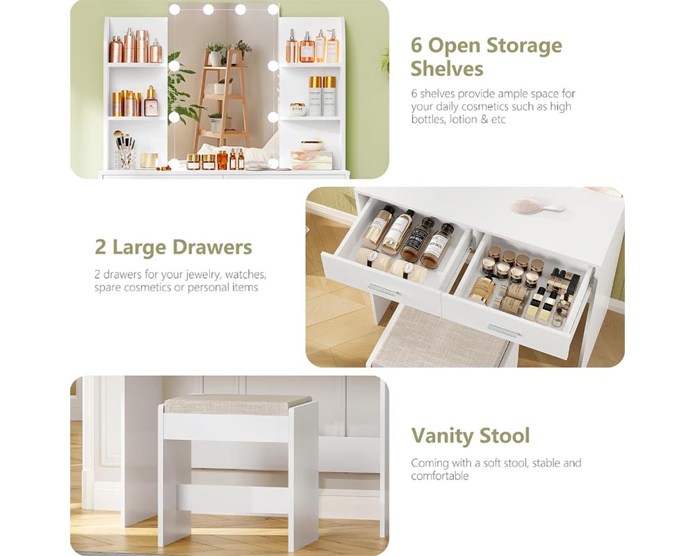 CURA Vanity Dressing Table with HD Mirror, Hollywood Lights & Charging Station