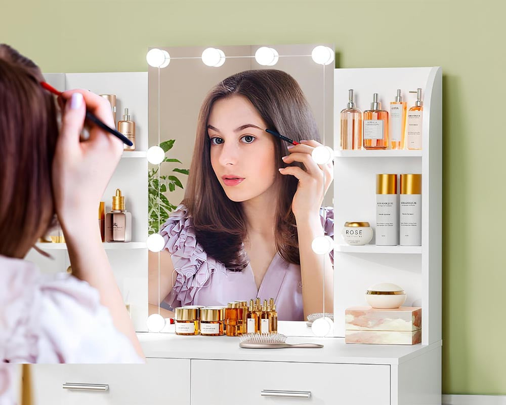 CURA Vanity Dressing Table with HD Mirror, Hollywood Lights & Charging Station