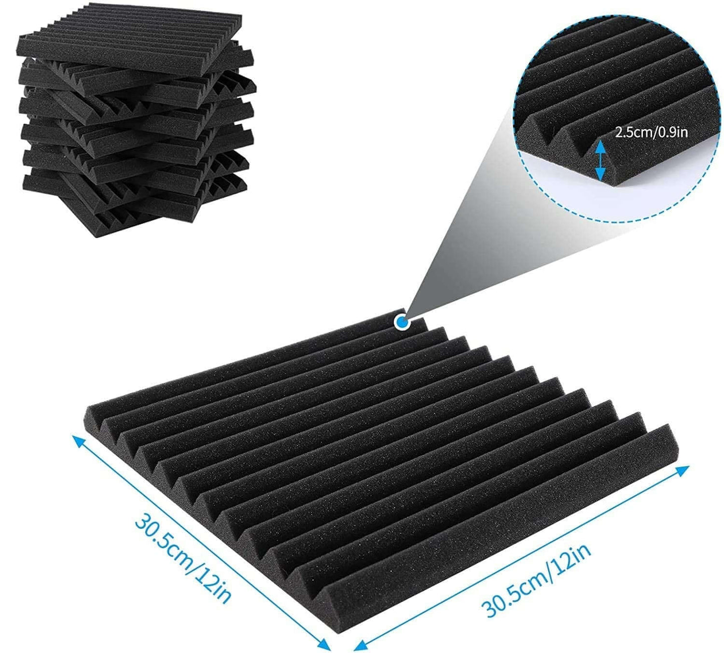 Sound Absorbing Panels 10 Pack - Acoustic Foam Wedge Tiles (30x30cm) - High Density for Studios and Media Rooms