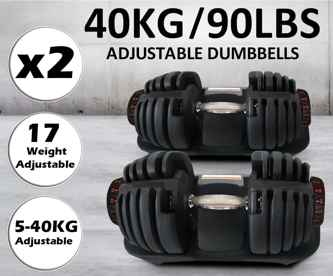 Adjustable Dumbbells 40KG Pair - Black | 17 Weight Increments for Home Gym