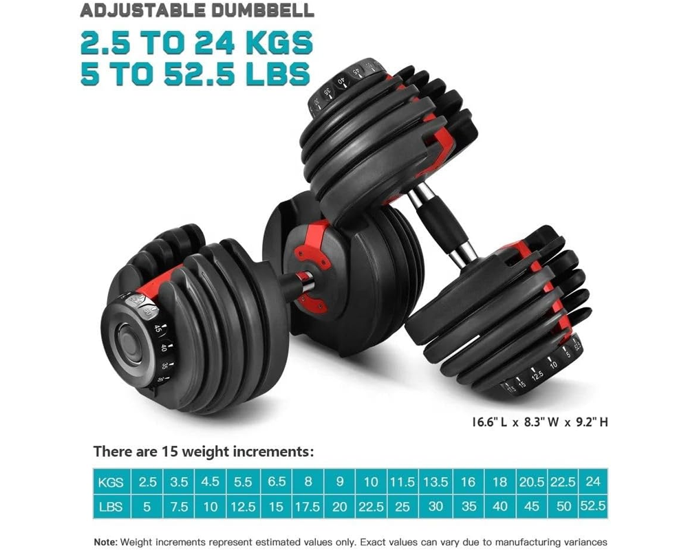 Adjustable Dumbbells Pair 24KG - Black Red Adjustable Home Gym Weights