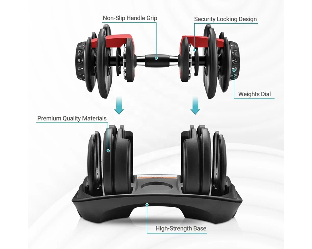 Adjustable Dumbbells Pair 24KG - Black Red Adjustable Home Gym Weights