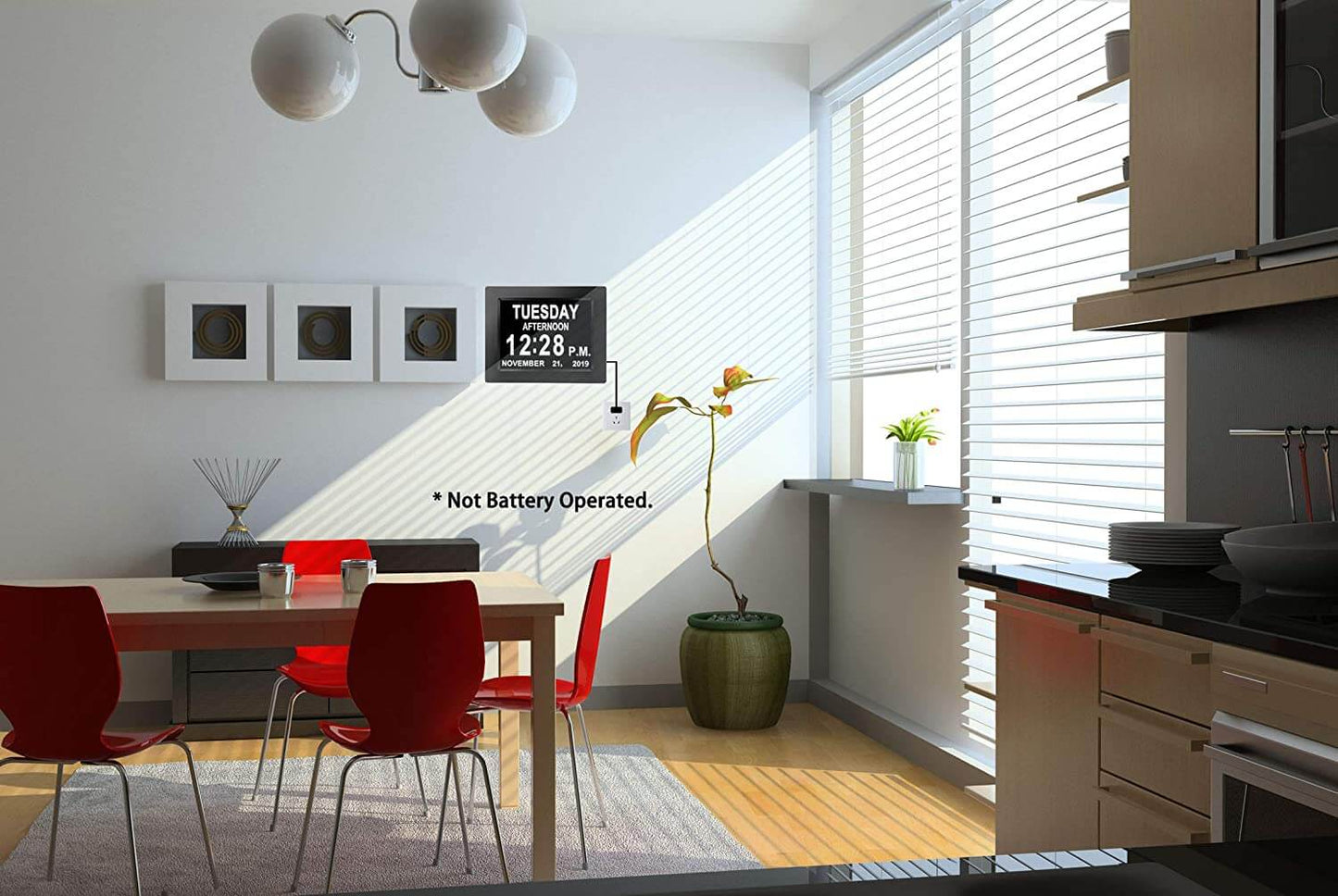 Digital Calendar Alarm Day Clock - 8” Screen Display, AM/PM, 5 Alarms, for Extra Impaired Vision People, The Aged Seniors, The Dementia, Wall Mounted, Black