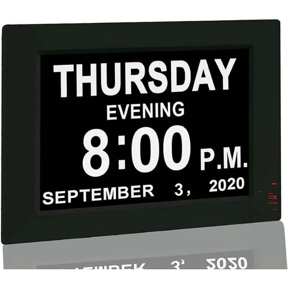 Digital Calendar Alarm Day Clock - 7” Screen Display, AM/PM, 5 Alarms, for Extra Impaired Vision People, The Aged Seniors, The Dementia, Wall Mounted, Black