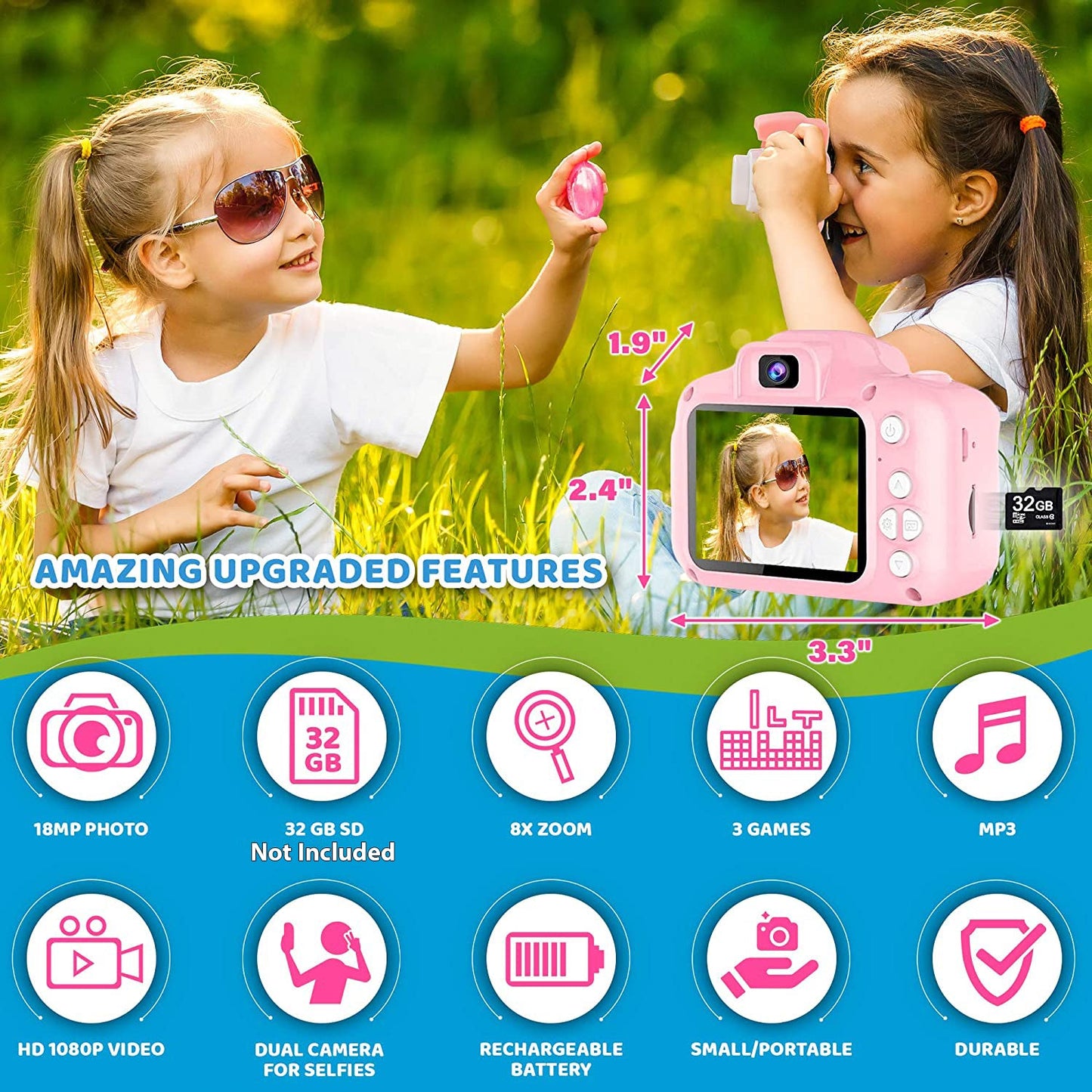 Kids Camera for Girls – Pink Selfie Camera with 8X Zoom and 18MP Photo Resolution | Best Gift for Ages 3-8