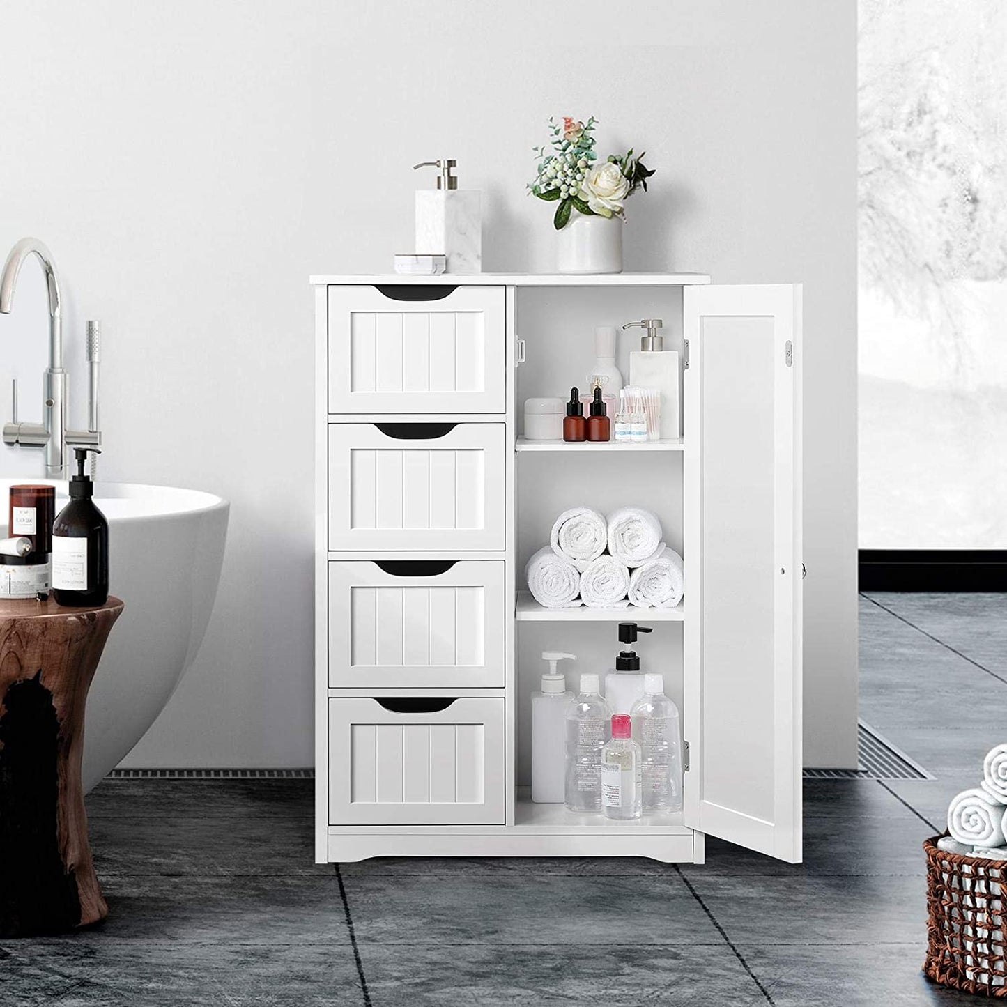 Bathroom Cabinet with 4 Drawers Adjustable Shelf – White Freestanding Storage Side Cabinet for Bathroom, Kitchen, Living Room, Hallway
