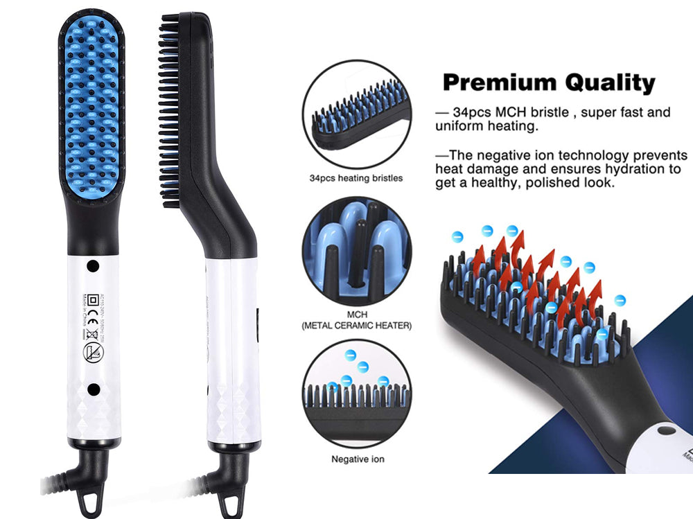 Beard Straightener for Men – Electric Ionic Heated Beard Comb – Fast Hair Styling Brush for Long Beards, Curly Hair, and More – Portable Travel-Friendly