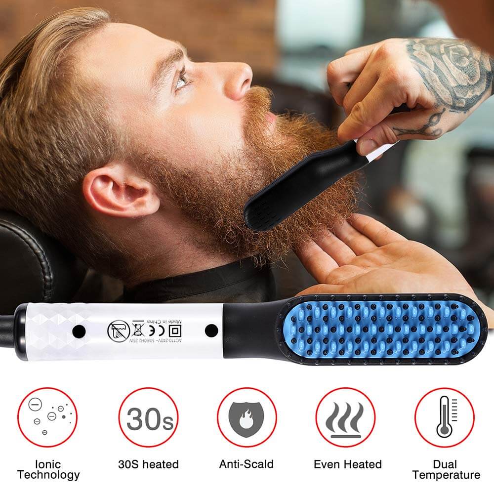 Beard Straightener for Men – Electric Ionic Heated Beard Comb – Fast Hair Styling Brush for Long Beards, Curly Hair, and More – Portable Travel-Friendly