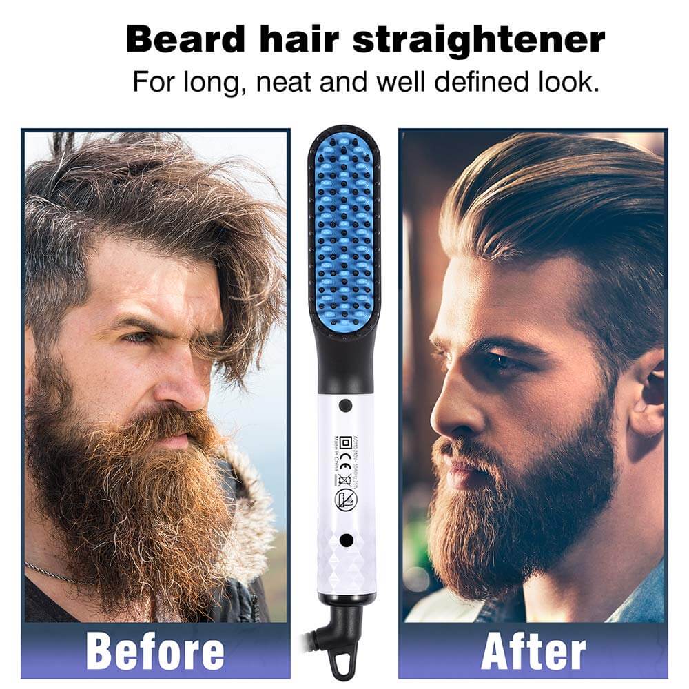 Beard Straightener for Men – Electric Ionic Heated Beard Comb – Fast Hair Styling Brush for Long Beards, Curly Hair, and More – Portable Travel-Friendly