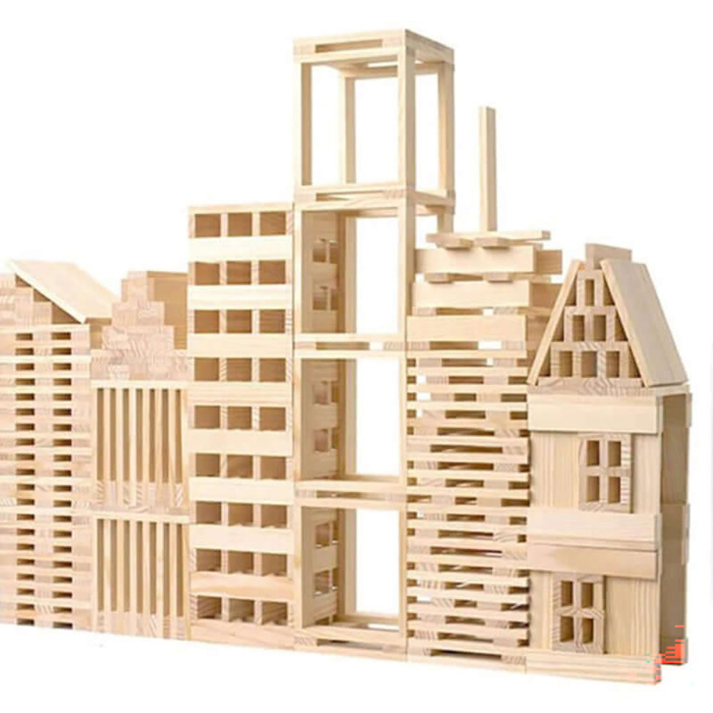 Natural Wood Stacking Block Set - 300 Piece Wooden Construction Building Kit