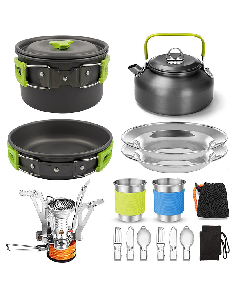Outdoor Camping Cookware Set with Folding Spoon & Mini Gas Stove