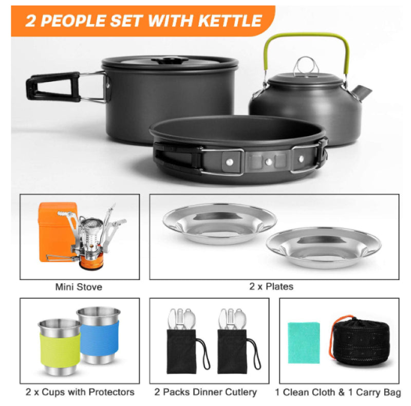 Outdoor Camping Cookware Set with Folding Spoon & Mini Gas Stove