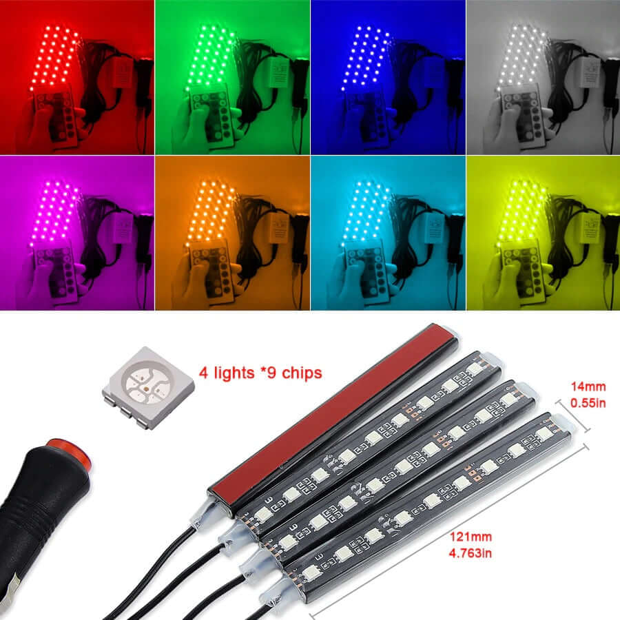 4Pcs Car RGB LED DRL Strip Lights - Remote Control Interior Floor Decorative Flexible LED Strips - Car Styling, Fog Lamp, and Atmosphere Lighting