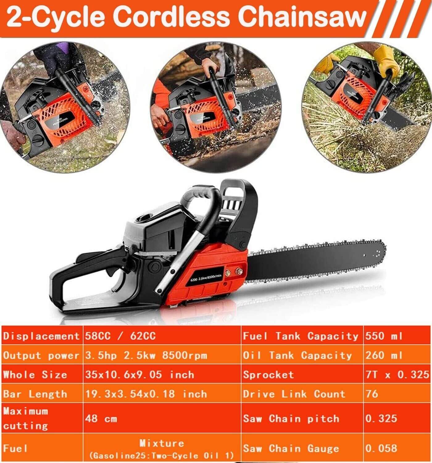 Chainsaw 62cc – 20" Petrol Chainsaw with Low-Kickback Chain, Fuel-Efficient 2-Cycle Engine for Heavy-Duty Cutting