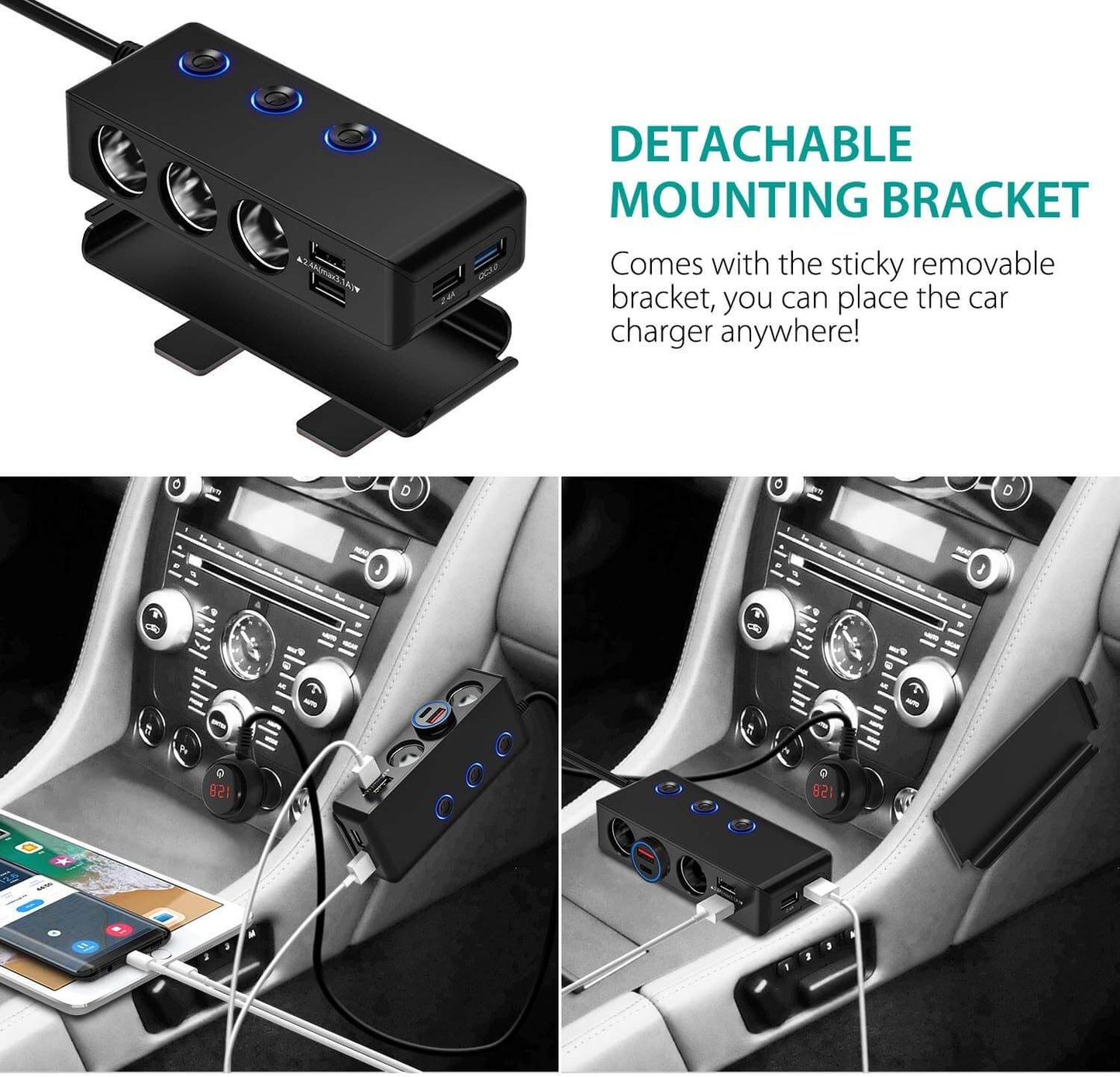 Quick Charge 3.0 Cigarette Lighter Adapter 120W, 12V/24V, 3-Socket Splitter with 8.5A DC Output
