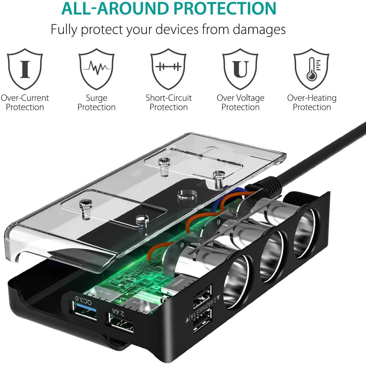 Quick Charge 3.0 Cigarette Lighter Adapter 120W, 12V/24V, 3-Socket Splitter with 8.5A DC Output