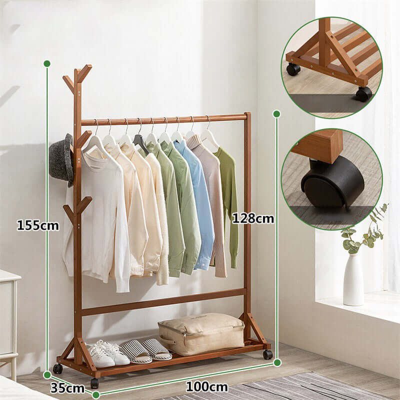 Wooden Coat Stand Rack with Shelf - Bamboo Design