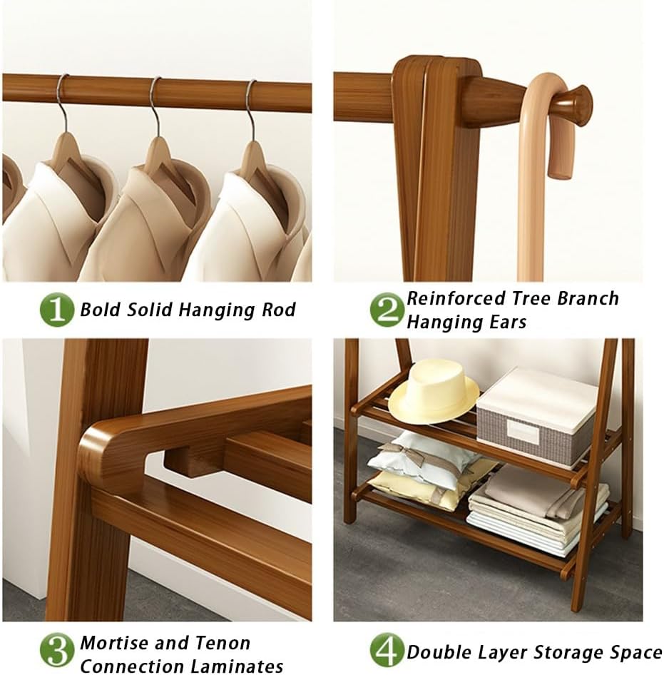 Bamboo Coat Rack - 2-Tier Free Installation Folding Clothes Rack for Bedroom, Balcony, Entryway