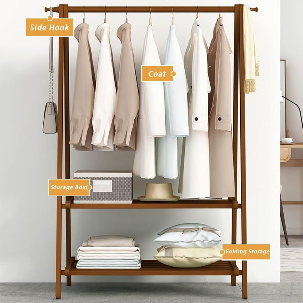Bamboo Coat Rack - 2-Tier Free Installation Folding Clothes Rack for Bedroom, Balcony, Entryway
