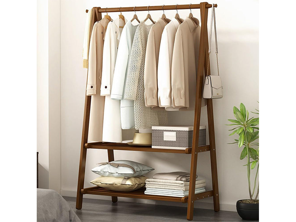 Bamboo Coat Rack - 2-Tier Free Installation Folding Clothes Rack for Bedroom, Balcony, Entryway