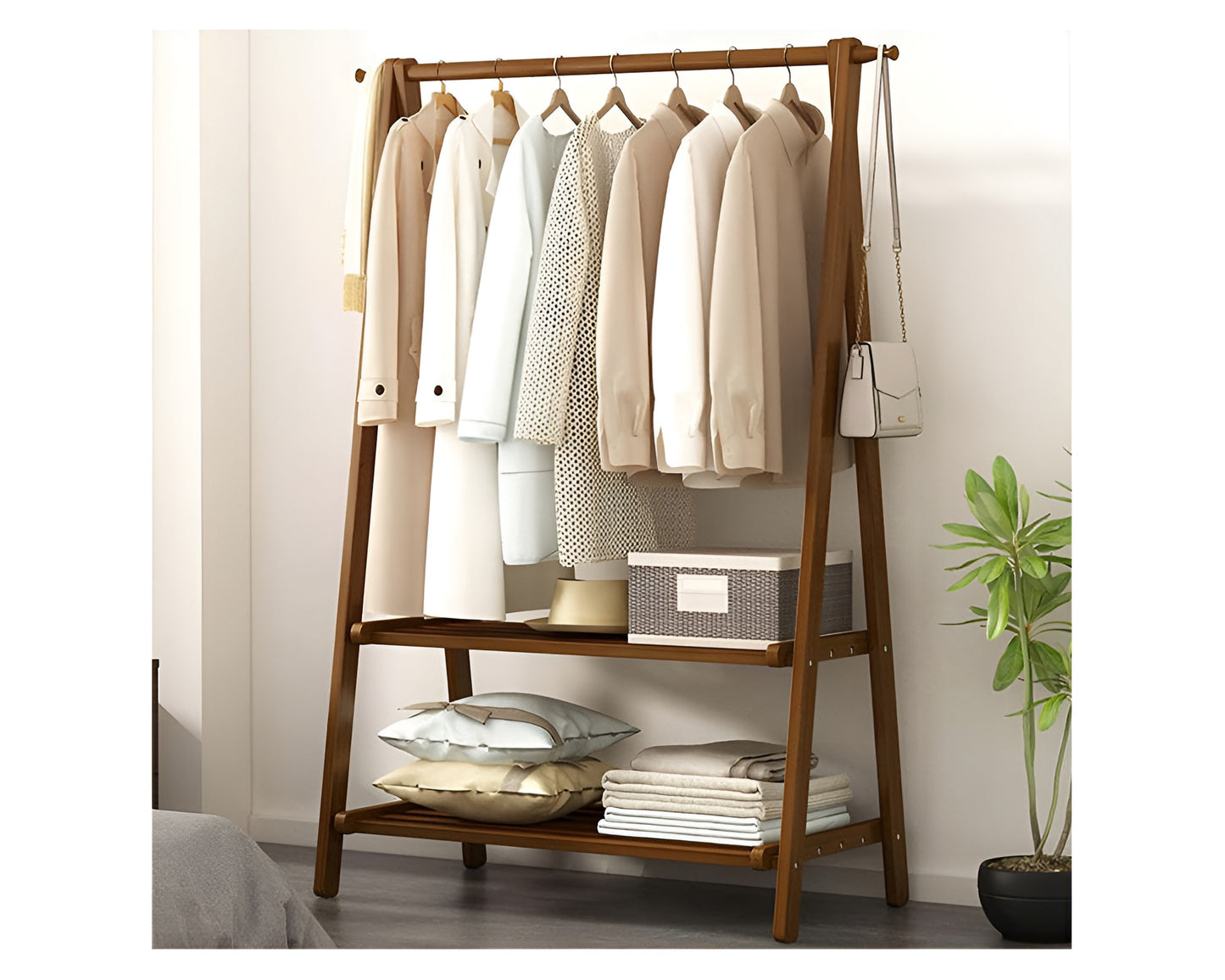 Bamboo Coat Rack - 2-Tier Free Installation Folding Clothes Rack for Bedroom, Balcony, Entryway