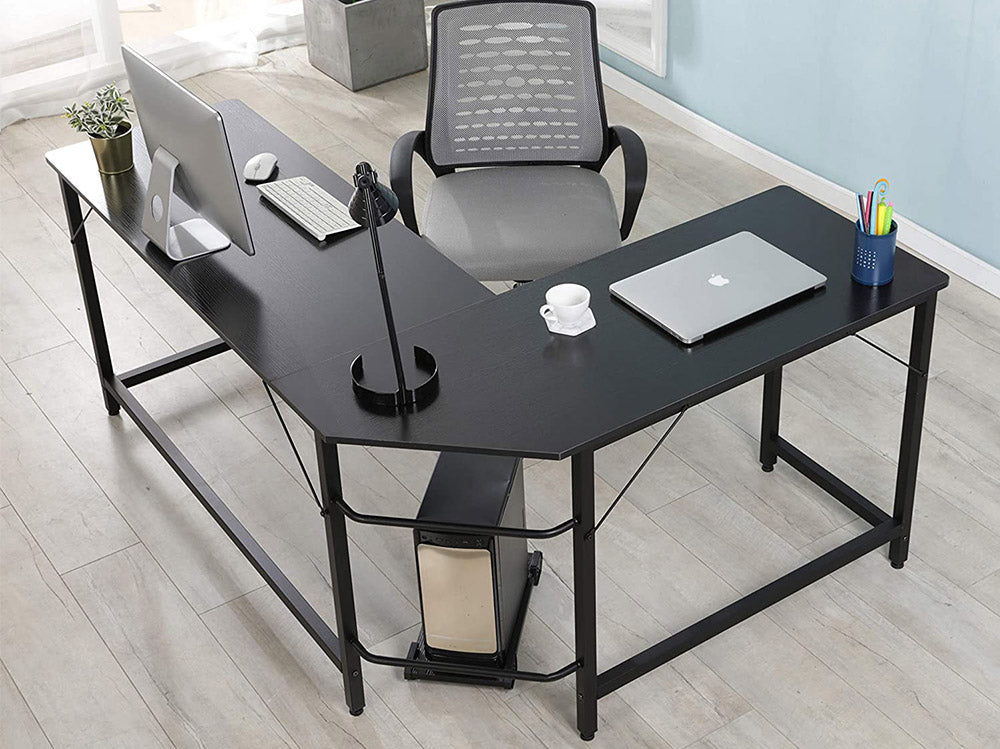 L-Shaped Corner Computer Desk, Gaming Table with Round Corner, Study Writing Wooden Table for Home and Office, Black Color