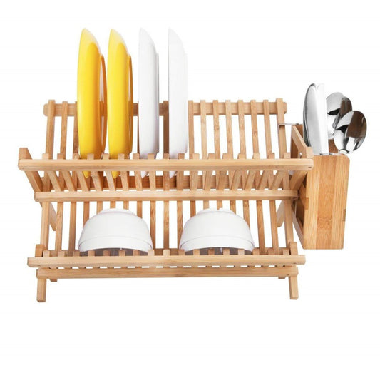 Bamboo Dish Rack with Utensil Holder Cross Dish Drainer – Efficient, Space-Saving, and Durable
