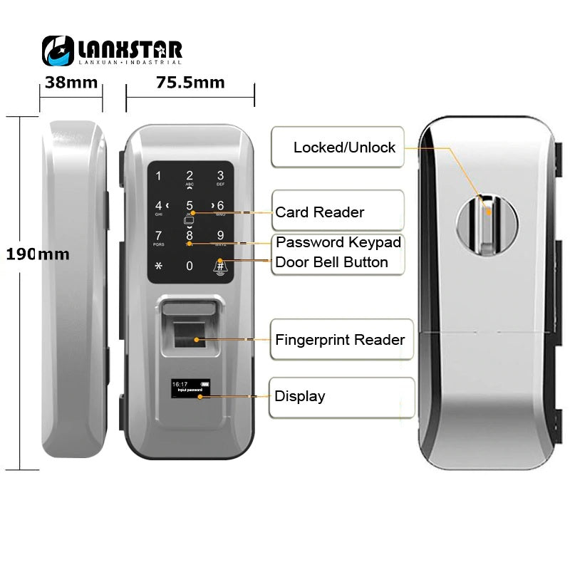 Glass Door Lock Keyless Electric Fingerprint Intelligent Lock