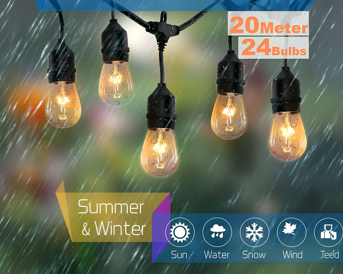 LED Festoon String Lights - 20m Length with 24 Bulbs