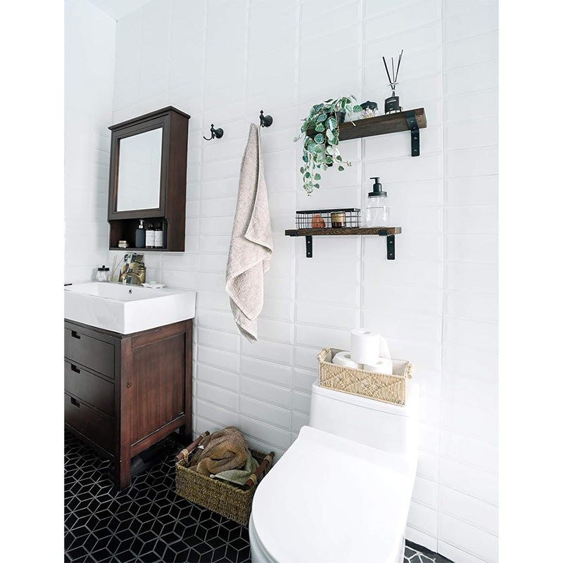 Set of 2 Wall Mounted Rustic Wood Shelves - Floating Storage Shelves with Metal Brackets for Home Decor, Kitchen, Living Room, and Bathroom