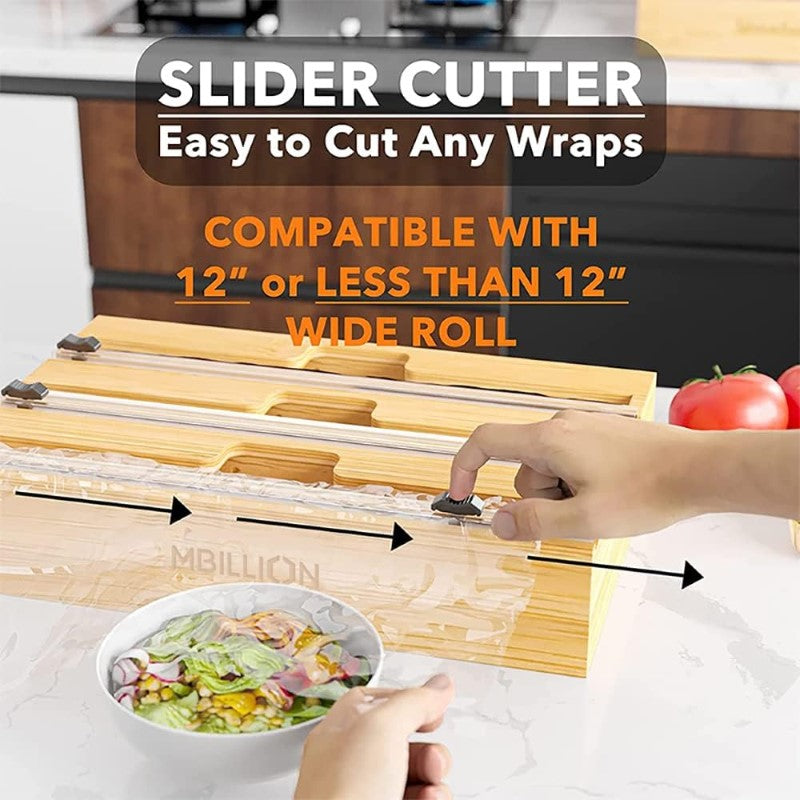 Bamboo Food Wrap Dispenser Cutter Foil Cling Film Storage Holder
