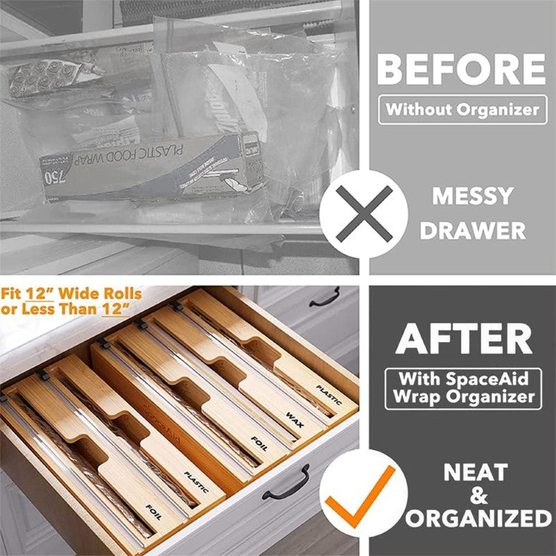 Bamboo Food Wrap Dispenser Cutter Foil Cling Film Storage Holder