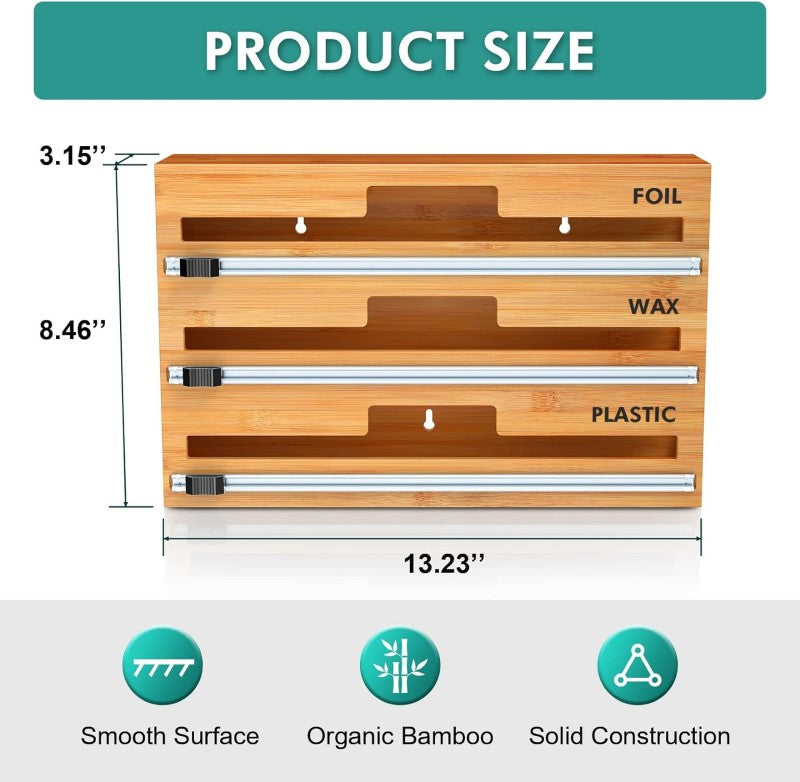 Bamboo Food Wrap Dispenser Cutter Foil Cling Film Storage Holder